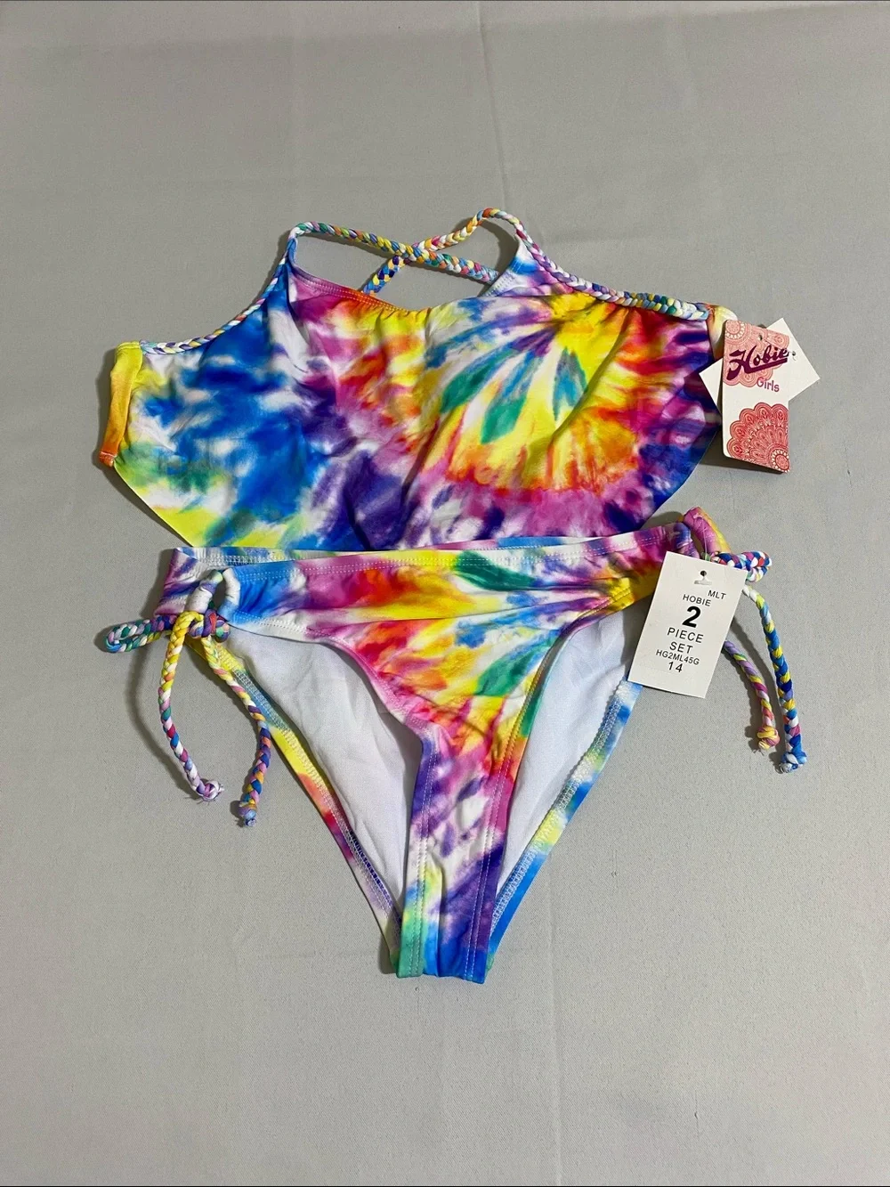 HOBIE Girls Rainbow Tie-Dye Bikini Set w Scarf Style Top Youth Girl's 14
